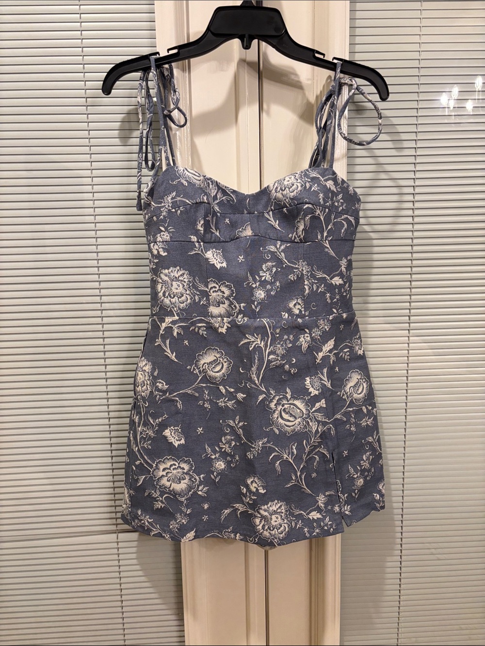 Amanda Uprichard Dusty Blue Floral Tie-Shoulder Mini Dress